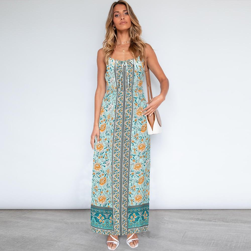 Bella Fancy Dresses US Women Floral Print Sleeveless Sling Long Dress Spaghetti Strap Summer Loose Straight Female Fashion Beach Maxi Sundress 2021 New