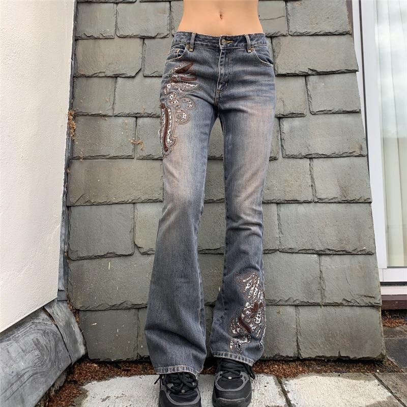 Women Harajuku Y2K Jeans Printing Zipper Waist Denim Pants Long