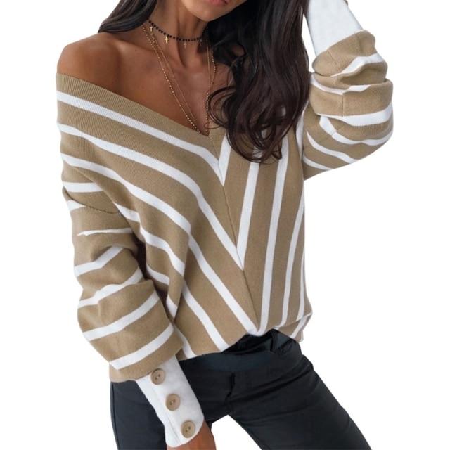 Bella Fancy Dresses US Women Long Sleeve V-Neck Sweater Sexy Off Shoulder Knit Striped Loose Jumper Top