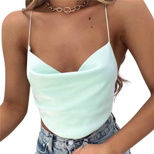 Bella Fancy Dresses US Women Sexy Sling Backless Lace-up Camisole Ladies Fashion Stylish Sleeveless V Neck Slim Crop Tops for Club Street Satin Shirt
