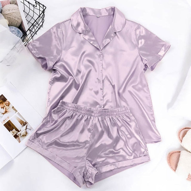 Bella Fancy Dresses US Women Sleepwear Summer Pajama Set Pink Turn Down Collar Faux Silk Satin Blue Short Sleeve Casual Female Pijama Home Wear Shorts