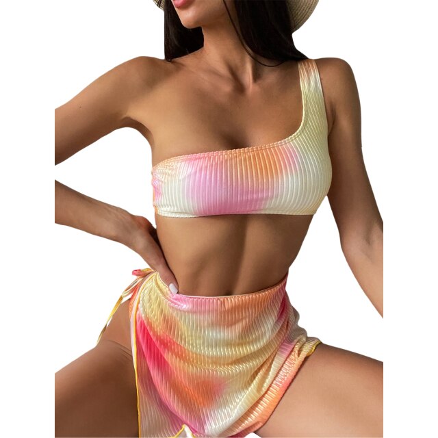 Bella Fancy Dresses US Women Summer 3Pcs Bikini Sets Ladies One Shoulder Tie Dye Tops+Low Waist Thong+Side Split Skirt Beach Swimwears