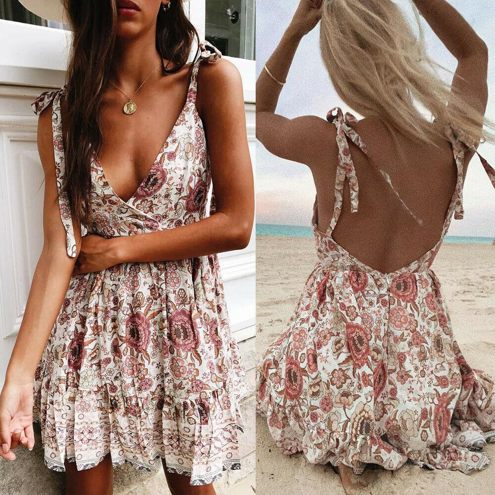 Bella Fancy Dresses US Women Summer Off Shoulder Backless Printed Dress Beach Short Sundress