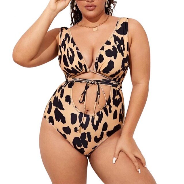 Bella Fancy Dresses US Women Summer Sexy Bikini Ladies Sleeveless V Neck Cutout Leopard Print Swimming Summer Beach Romper Swimwear