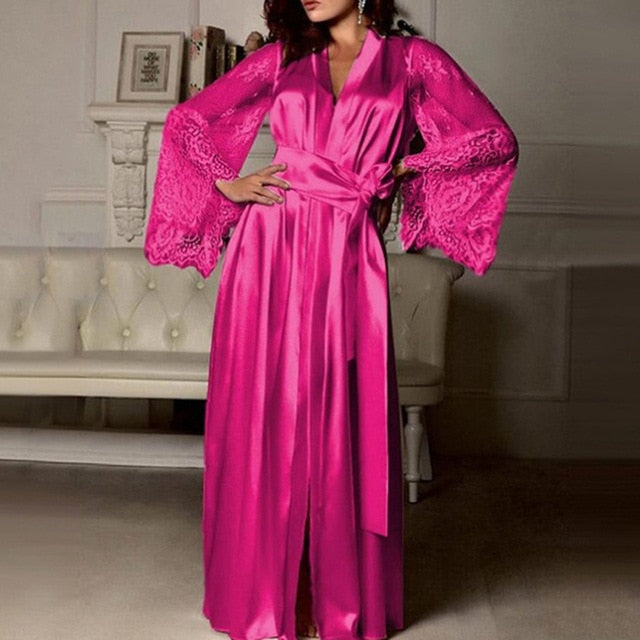 Bella Fancy Dresses US Womens Nightdress Sexy Long LaceLingerie  Bath Robe Gown  Imitation Ice Silk Nightdress Solid Color Nightgown Nightwear