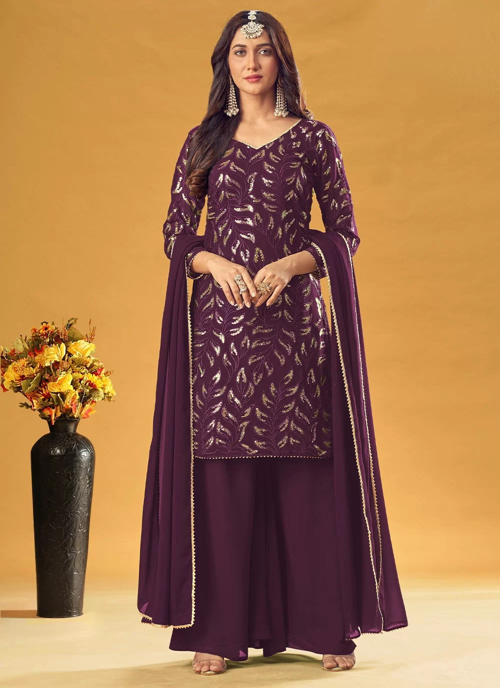 Bella Fancy Dresses Wine Faux Georgette Readymade Indian Suit