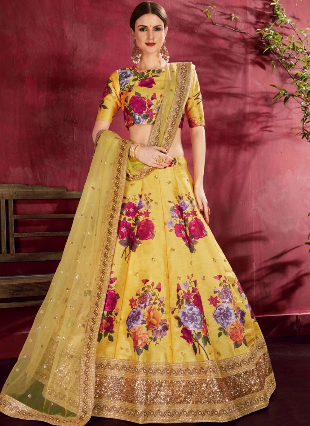 Bella Fancy Dresses Yellow Digital Printed Art Silk Lehenga Choli