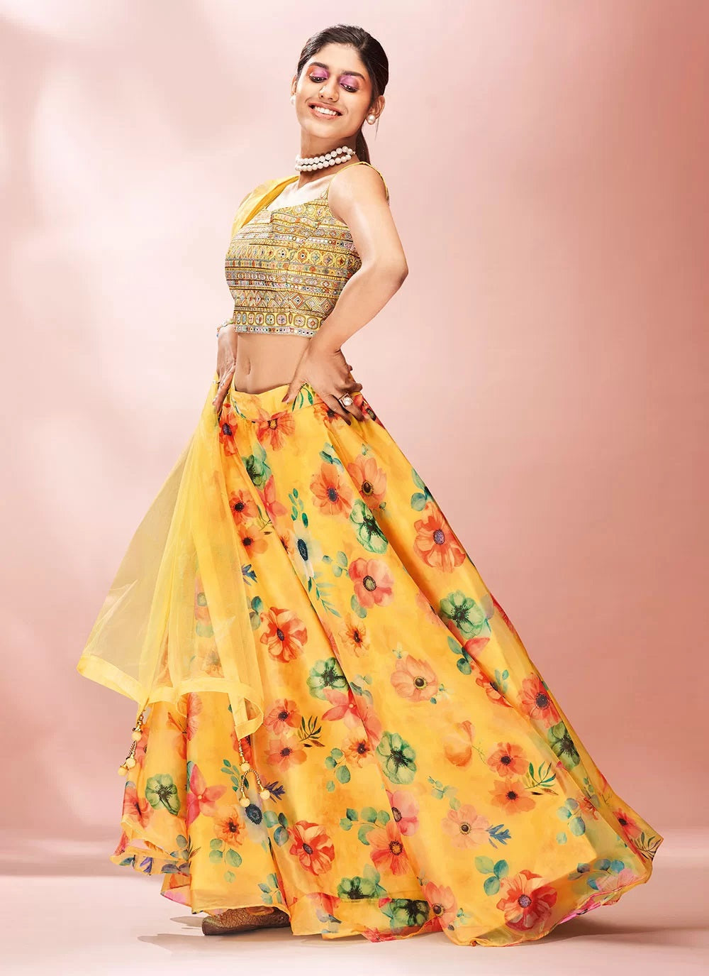 Bella Fancy Dresses Yellow Organza Thread Work Lehenga Choli