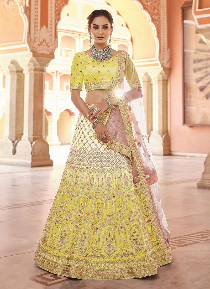 Bella Fancy Dresses Yellow Velvet Fabric Stone And Dori Work Lehenga
