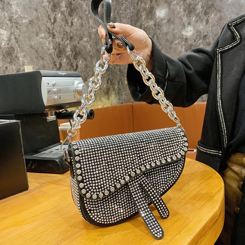eprolo Elegant Women's Bag Sparkling Diamond Pure Color Saddle Handbag Luxury Chain Strap PU Leather Crossbody Bag