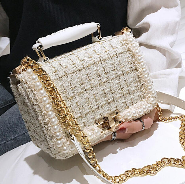 eprolo Fashion New Female Square Tote bag Quality Woolen Pearl Women's Designer Handbag Ladies Chain Shoulder Crossbody Bag Travel