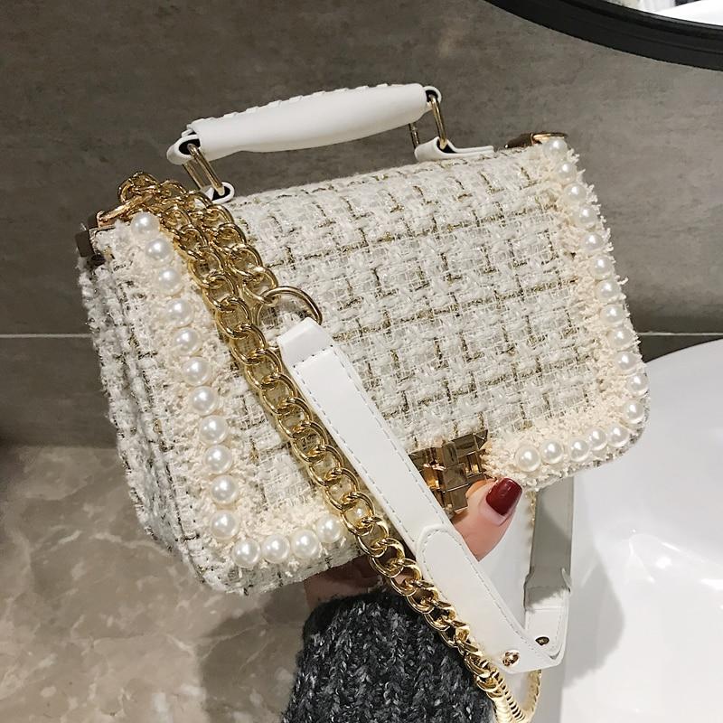 eprolo Fashion New Female Square Tote bag Quality Woolen Pearl Women's Designer Handbag Ladies Chain Shoulder Crossbody Bag Travel